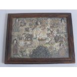 AN ENGLISH STUMPWORK PICTURE, POSSIBLY 17TH CENTURY, DEPICTING FIGURES AND ANIMALS IN A WOODED