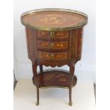 19TH CENTURY FRENCH MARQUETRY OVAL 3 DRAWER SIDE CABINET WITH BRASS GALLERIED TOP, RAISED ON