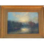 OIL PAINTING ON TIN OF COUNTRY SCENE, LAKE & CHURCH IN DECORATIVE FRAME