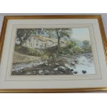 ALAN INGHAM WATER COLOUR DEPICTING RIVER AND COTTAGE SCENE, APPROX.54.5 X 36 cm