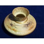 ROYAL WORCESTER BLUSH COMPRESSED VASE ENAMELLED SWALLOWS IN FLIGHT WITH PIERCED COLLAR APPROX. 5.5