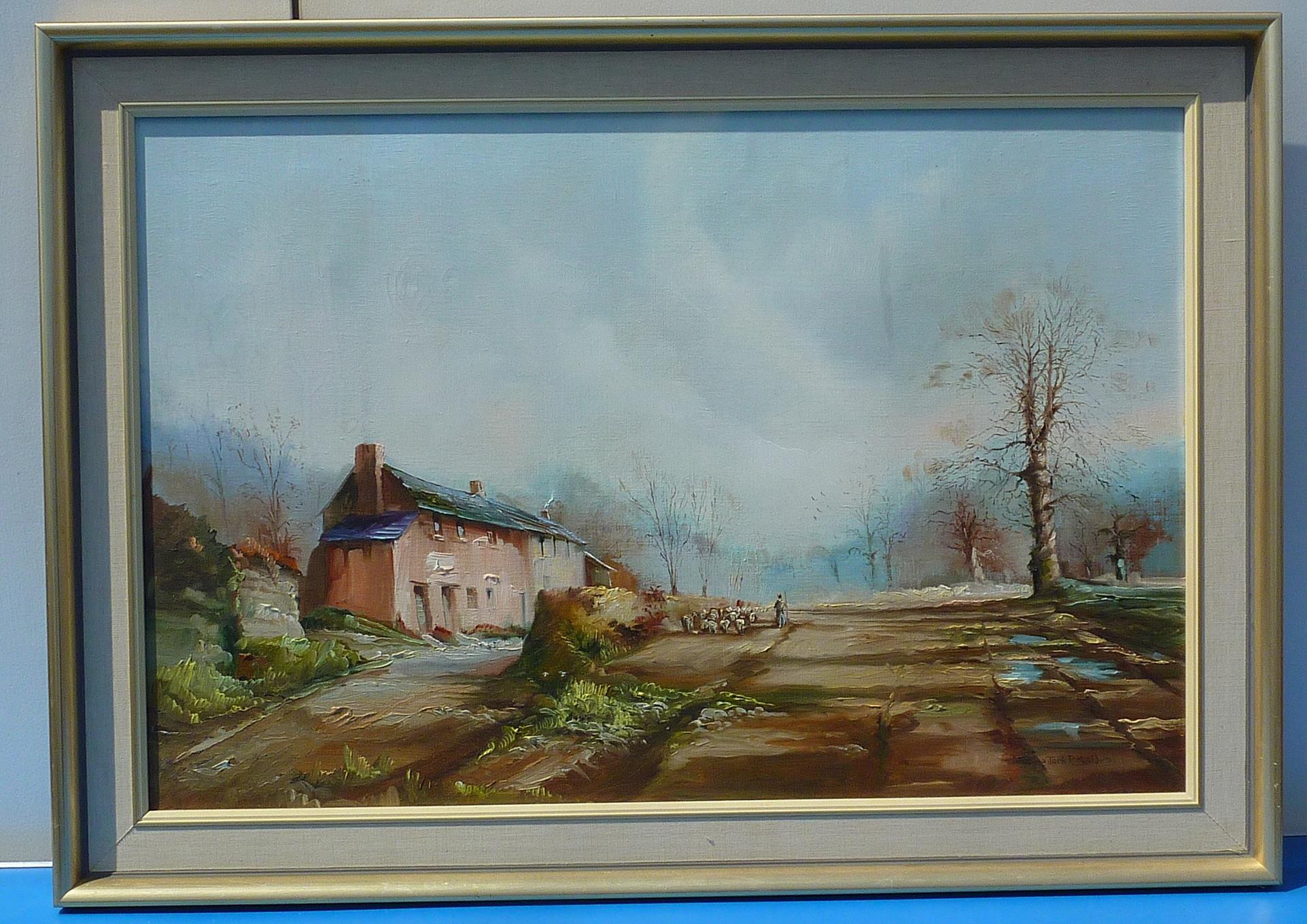 OIL ON CANVAS COUNTRY FARM LANDSCAPE APPROX. 35 INS X 23 INS SIG. JACK R MOULD