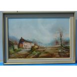 OIL ON CANVAS COUNTRY FARM LANDSCAPE APPROX. 35 INS X 23 INS SIG. JACK R MOULD