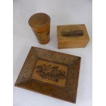 TUNBRIDGE WARE DISH APPROX. 13 X 10 cm, MAUCHLINE WARE WINDERMERE FLASK AND A MAUCHLINE WARE BOX