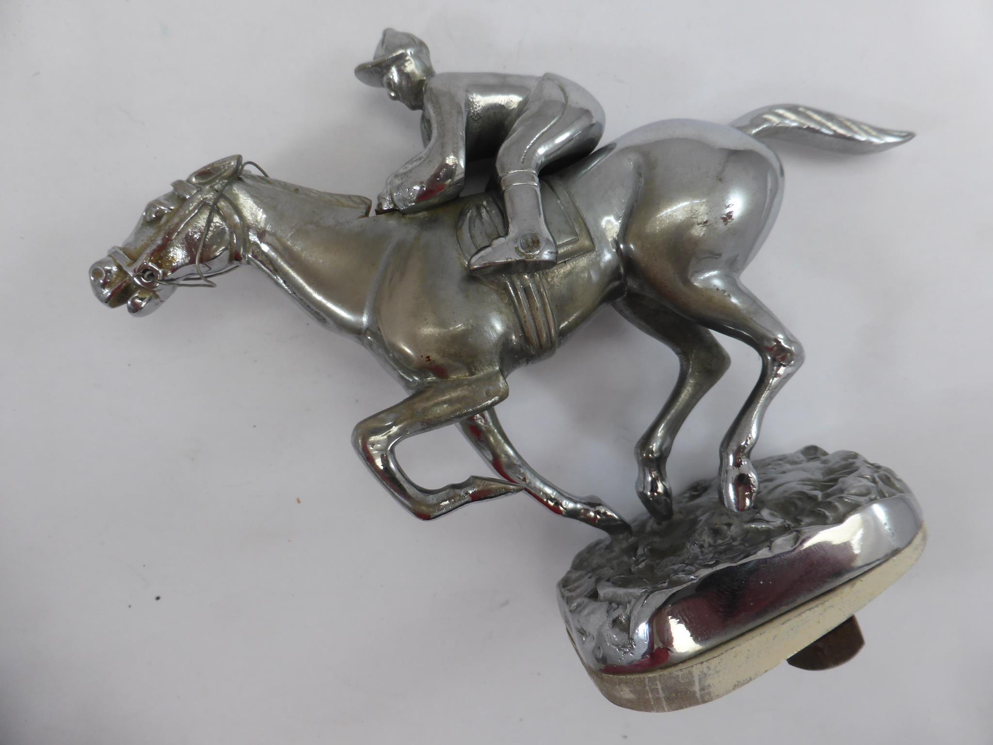 CHROME PLATED RACEHORSE CAR MASCOT, MARKED DESMO, COPYRIGHT