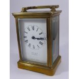 19TH CENTURY 4 GLASS GILT BRASS FRENCH CARRIAGE CLOCK, ENAMELLED DIAL SIGNED JACK & CO, CHELTENHAM