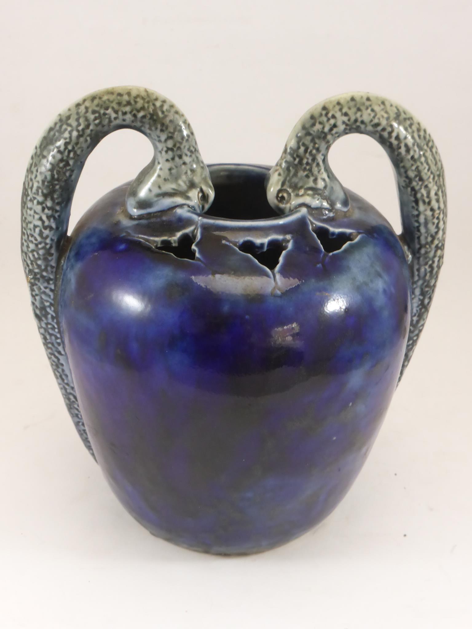 MARTIN BROTHERS STONEWARE (MARTINWARE), VERY UNUSUAL BLUE GLAZED 2 HANDLED VASE, THE HANDLES IN - Image 2 of 4