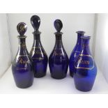 SET OF 5 LATE GEORGIAN BRISTOL BLUE DECANTERS HAVING GILT PAINTED DECORATION, 3 WITH PEAR SHAPED