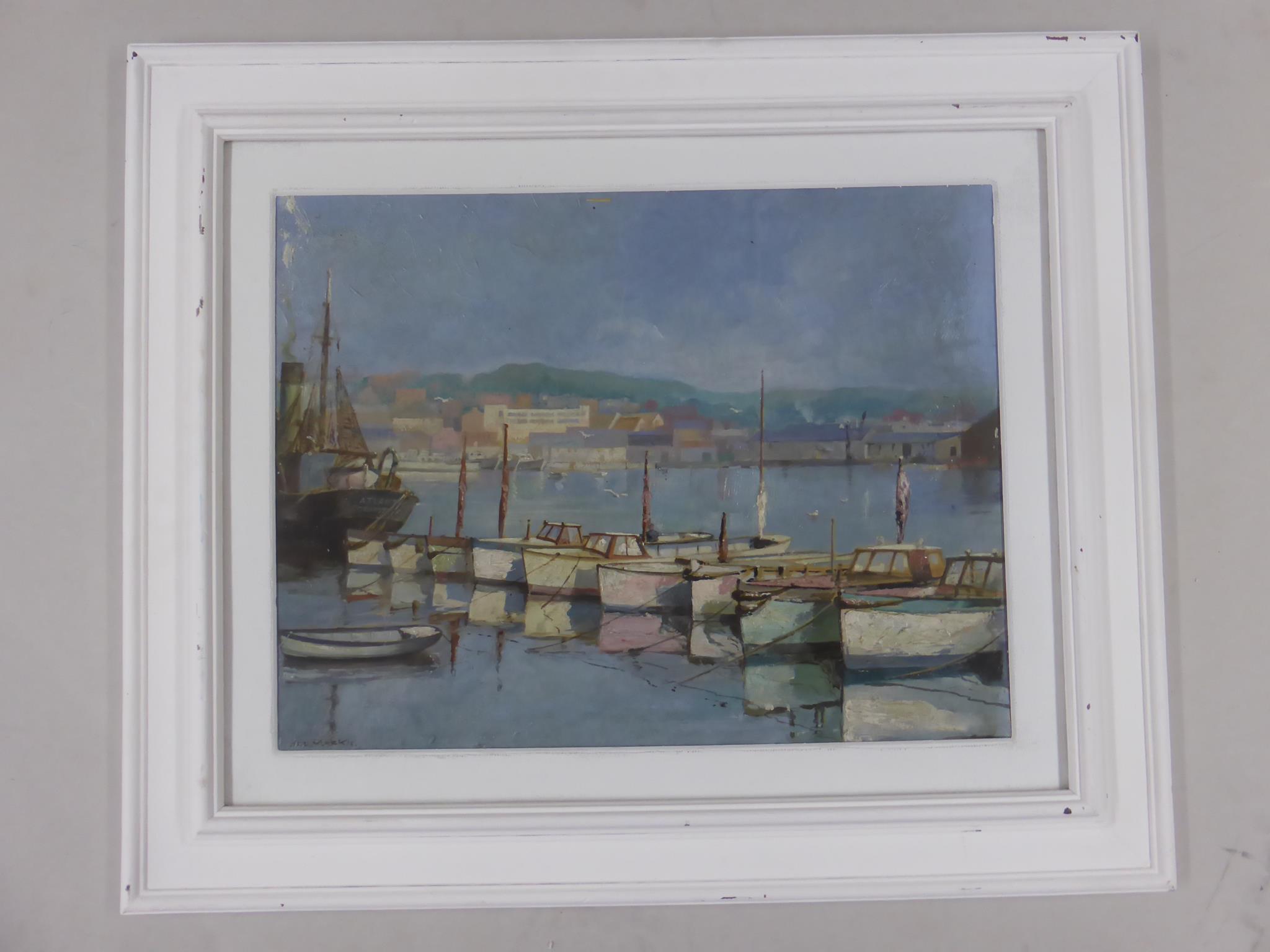 J M S MACKIE, OIL ON BOARD DEPICTING FISHING BOATS, APPROX. 47 X 34 cm