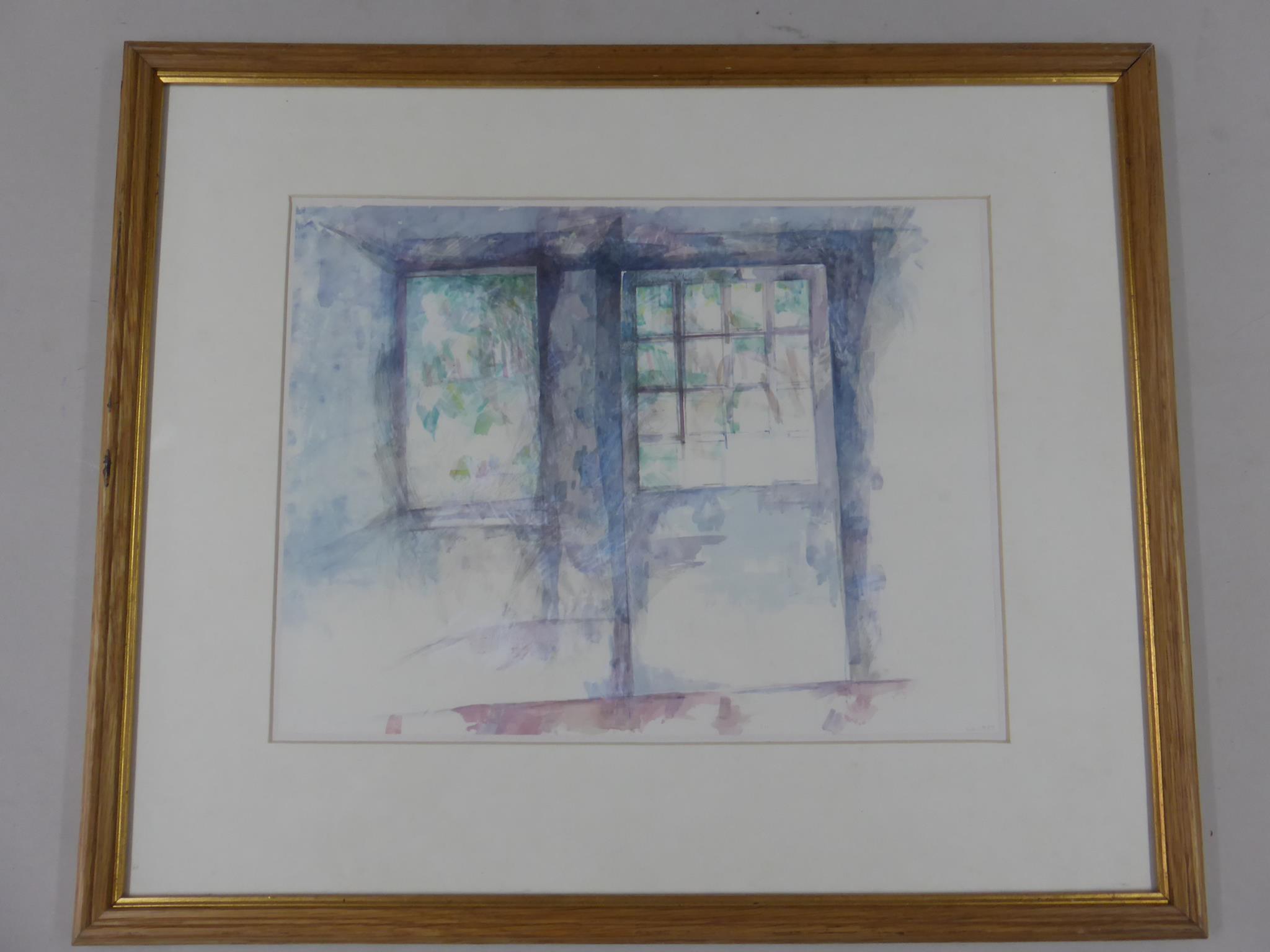 WATERCOLOUR DEPICTING WINDOWS LABELLED SUSAN HAWKER 'LOOKING OUT AT LES LANDES' APPROX. 42 X 32 cm