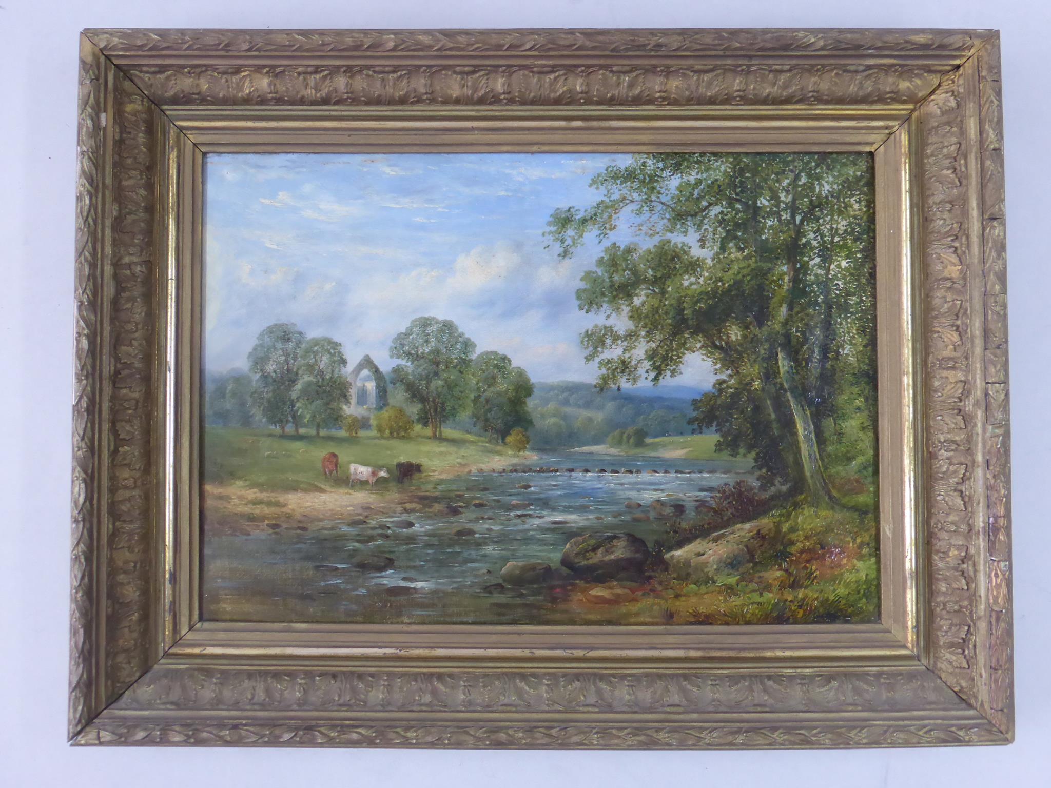 GEORGE ALEXANDER, LABELLED VERSO, OIL ON CANVAS DEPICTING A RIVER SCENE WITH CATTLE ENTITLED