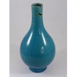 POSSIBLY 18TH CENTURY CHINESE QIANLONG PERIOD BOTTLE VASE, TURQUOISE GLAZED, APPROX. 16 cm AF