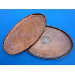 HUGH WALLIS, 2 OVAL TRAYS, ONE DECORATED WITH A GALLEON AT FULL SAIL AND CHEVRON BORDER APPROX. 50 X