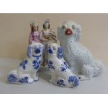 COLLECTION OF 19TH CENTURY STAFFORDSHIRE POTTERY INC. LARGE DOG, PR. BLUE AND WHITE IRONSTONE DOGS
