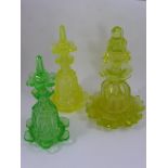 2 YELLOW 'URANIUM' GLASS FACETED PERFUME BOTTLES AND A GREEN GLASS DITTO, TALLEST APPROX. 17cm