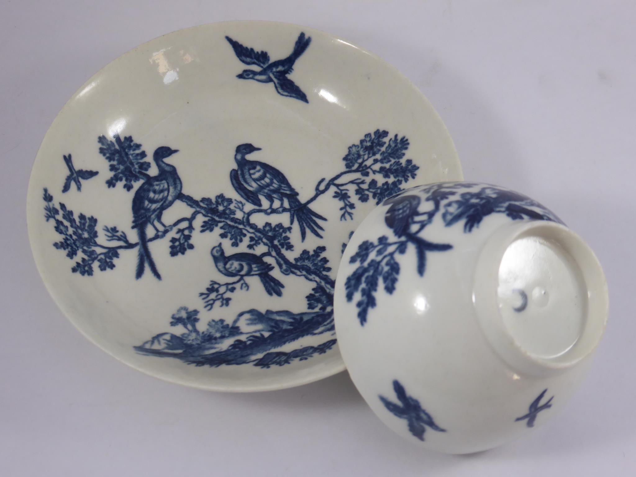 WORCESTER BIRDS IN BRANCHES PATTERN BLUE AND WHITE TEA BOWL AND SAUCER, CRESCENT MARK, C1770