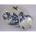 WORCESTER BIRDS IN BRANCHES PATTERN BLUE AND WHITE TEA BOWL AND SAUCER, CRESCENT MARK, C1770
