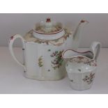 ENGLISH PEARLWARE (LIVERPOOL?) TEAPOT AND MATCHING CREAM JUG WITH FLORAL DECORATION, RESTORATION