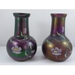 PR. GOOD QUALITY IRIDESCENT AMETHYST GLASS VASES WITH FLORAL DECORATION, APPROX. 12.5 cm