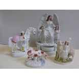 4 STAFFORDSHIRE FIGURE GROUPS AF INC. ANGEL HOLY WATER GROUP, COW, SHEEP AND A HORSE AND FIGURE