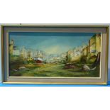 OIL ON CANVAS CORNISH HARBOUR SCENE APPROX. 39 INS X 19.5 INS SIG. JACK R MOULD