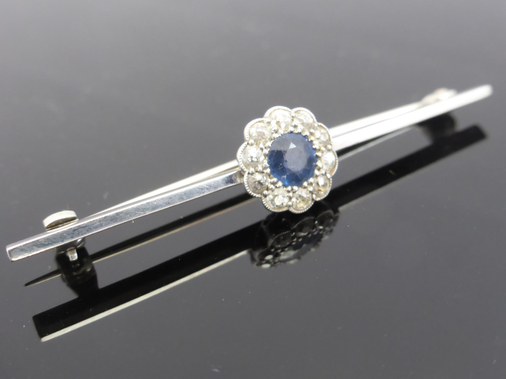 18ct WHITE GOLD AND PLAT. BAR BROOCH WITH SAPPHIRE SET WITHIN A RING OF DIAMONDS, APPROX. 3.8g
