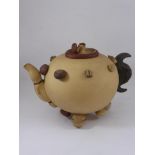 VERY UNUSUAL STUDIO POTTERY TEAPOT WITH MOUSTACHE HANDLE, MUSHROOM LID AND APPLIED DECORATION,