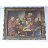 SMALL OIL ON PANEL DEPICTING JOVIAL MONKS IN A TAVERN SCENE, APPROX. 26.5 X 20 cm
