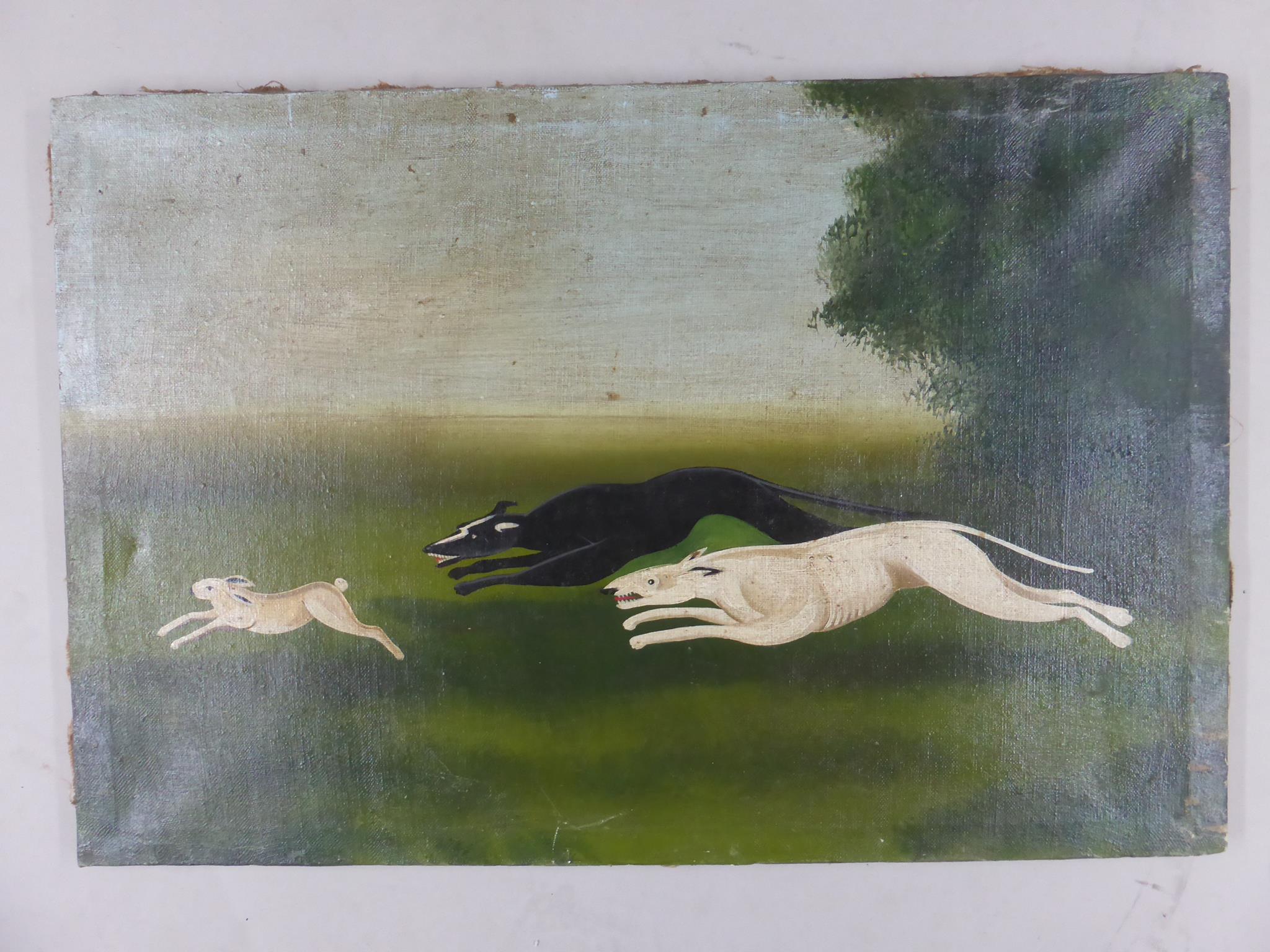 NAÏVE STYLE OIL ON CANVAS DEPICTING HARE COURSING, APPROX. 76 X 51 cm