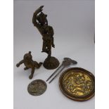 CHINESE HAIR ORNAMENT, INDIAN METAL FIGURES AND 2 RELIEF DECORATED ROUNDELS