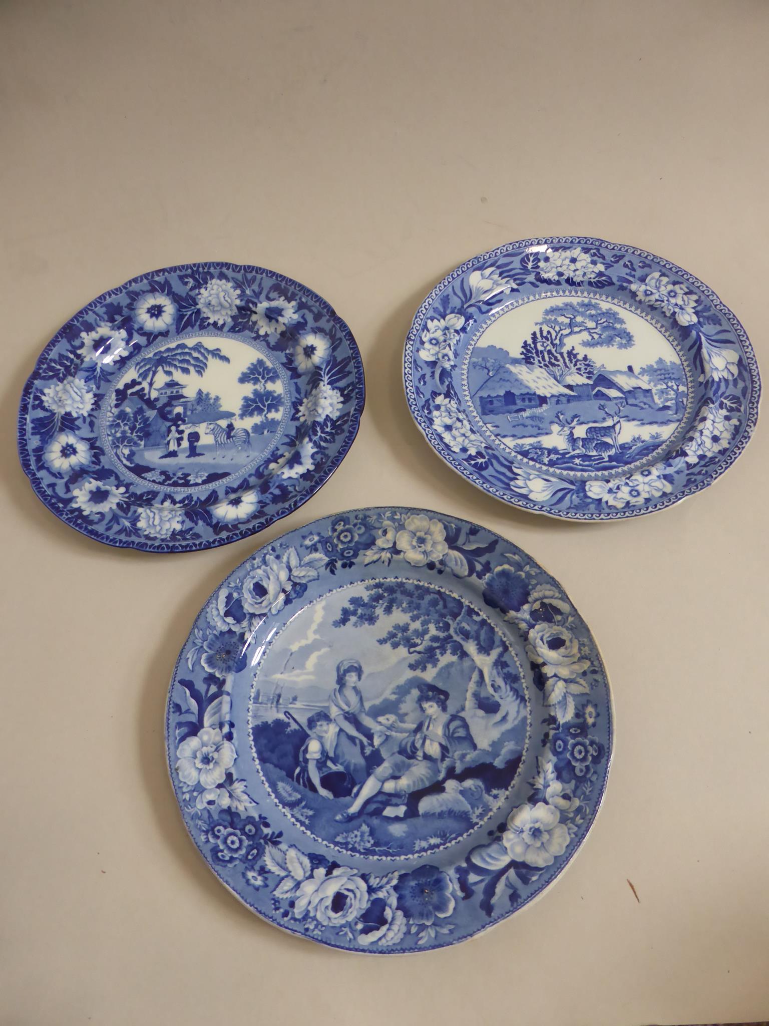 3, 19TH CENTURY, BLUE AND WHITE TRANSFER PRINTED PLATES, PHILLIPS LONGPORT WITH PASTORAL SCENE