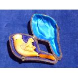 MEERSCHAUM PIPE IN CASE WITH TWO CARVED HUNTING DOGS, DAMAGE TO MOUTH PIECE