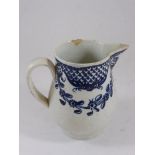 18TH CENTURY SPARROW BEAK JUG WITH BLUE AND WHITE DECORATION, APPROX. 8 cm, CHIP TO RIM