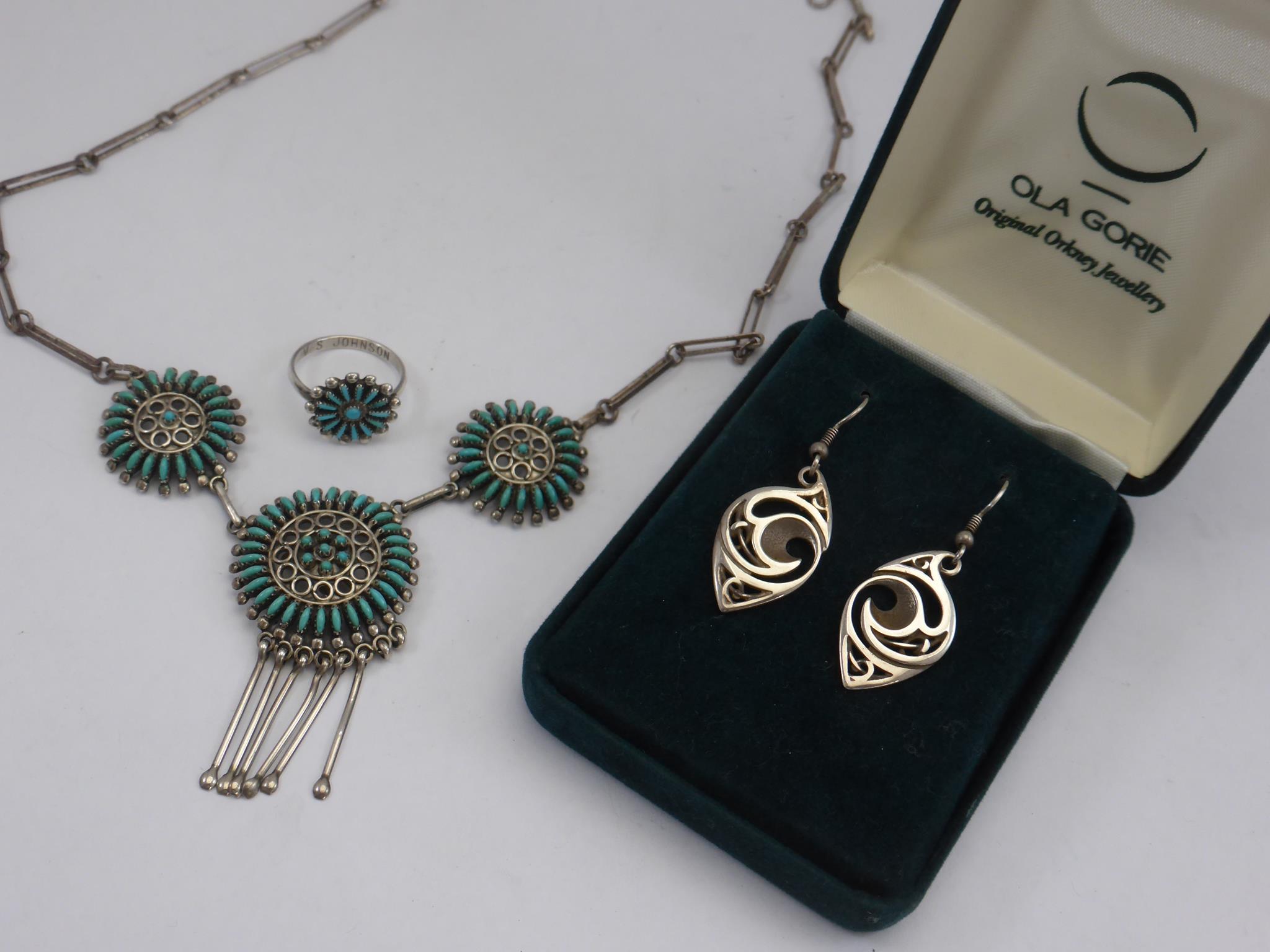 PR. OLA GORIE EARRINGS AND SILVER AND TURQUOISE COSTUME JEWELLERY