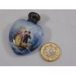 SMALL GLASS HEART SHAPED SCENT BOTTLE WITH SILVER SCREW TOP AND HAND PAINTED DECORATION