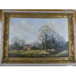 VINCENT SELBY OIL ON CANVAS DEPICTING A THATCHED COTTAGE IN WOODLAND SCENE, APPROX. 76 X 51 cm