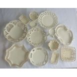 CREAMWARE AND PIERCED WARE PORCELAIN, 13 PIECES , TWO MARKED 1364 AND LS&S, INC. BOWLS, BASKETS,