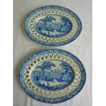 PR. GOOD QUALITY OVAL PEARLWARE PLATES DECORATED WITH BRIDGE AND FISHING SCENE, PIERCED BORDER