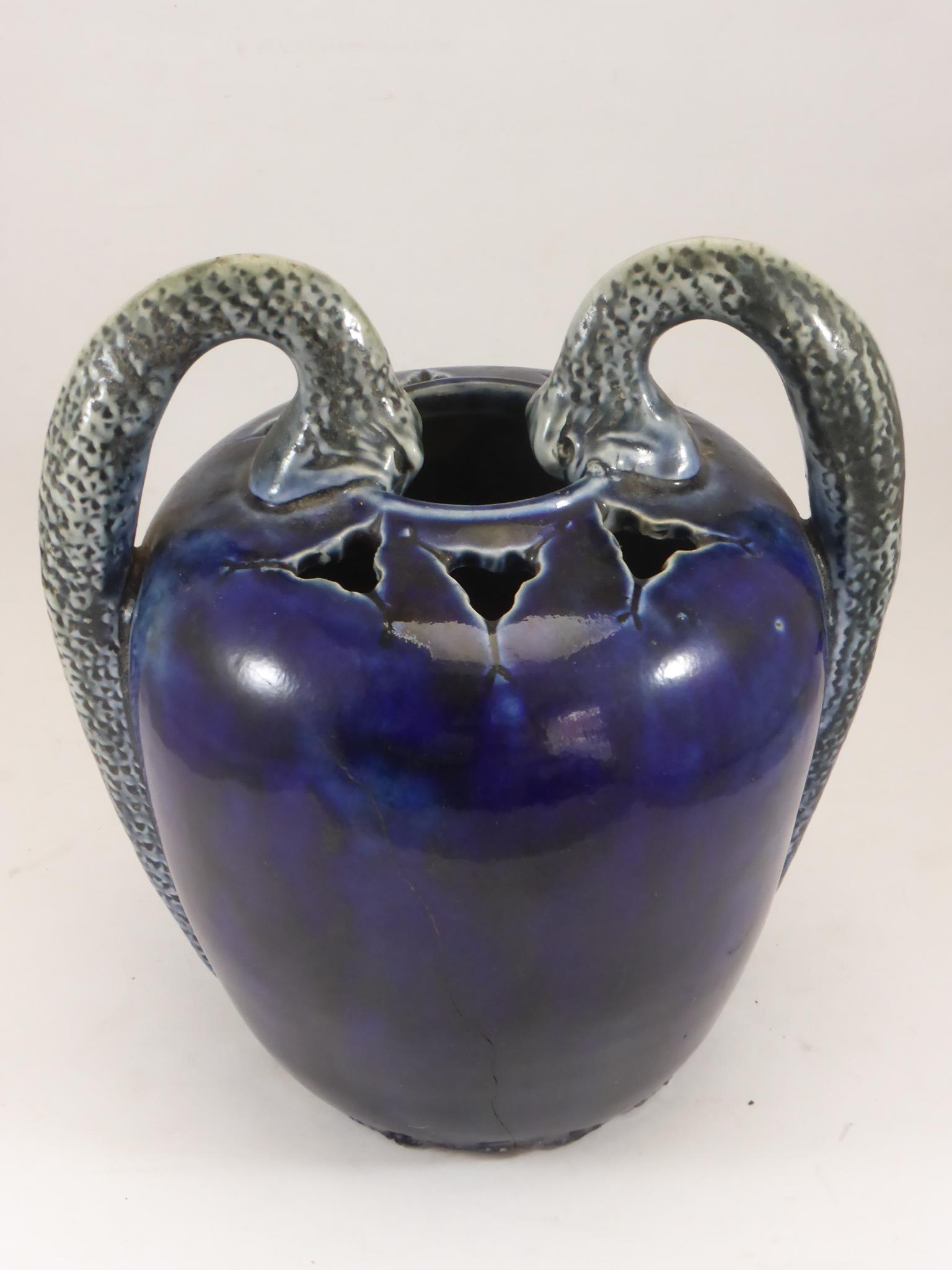 MARTIN BROTHERS STONEWARE (MARTINWARE), VERY UNUSUAL BLUE GLAZED 2 HANDLED VASE, THE HANDLES IN