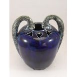 MARTIN BROTHERS STONEWARE (MARTINWARE), VERY UNUSUAL BLUE GLAZED 2 HANDLED VASE, THE HANDLES IN