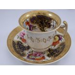 EARLY 19TH CENTURY ENGLISH CABINET CUP AND SAUCER WITH RICH FLORAL DECORATION, POSSIBLY COALPORT