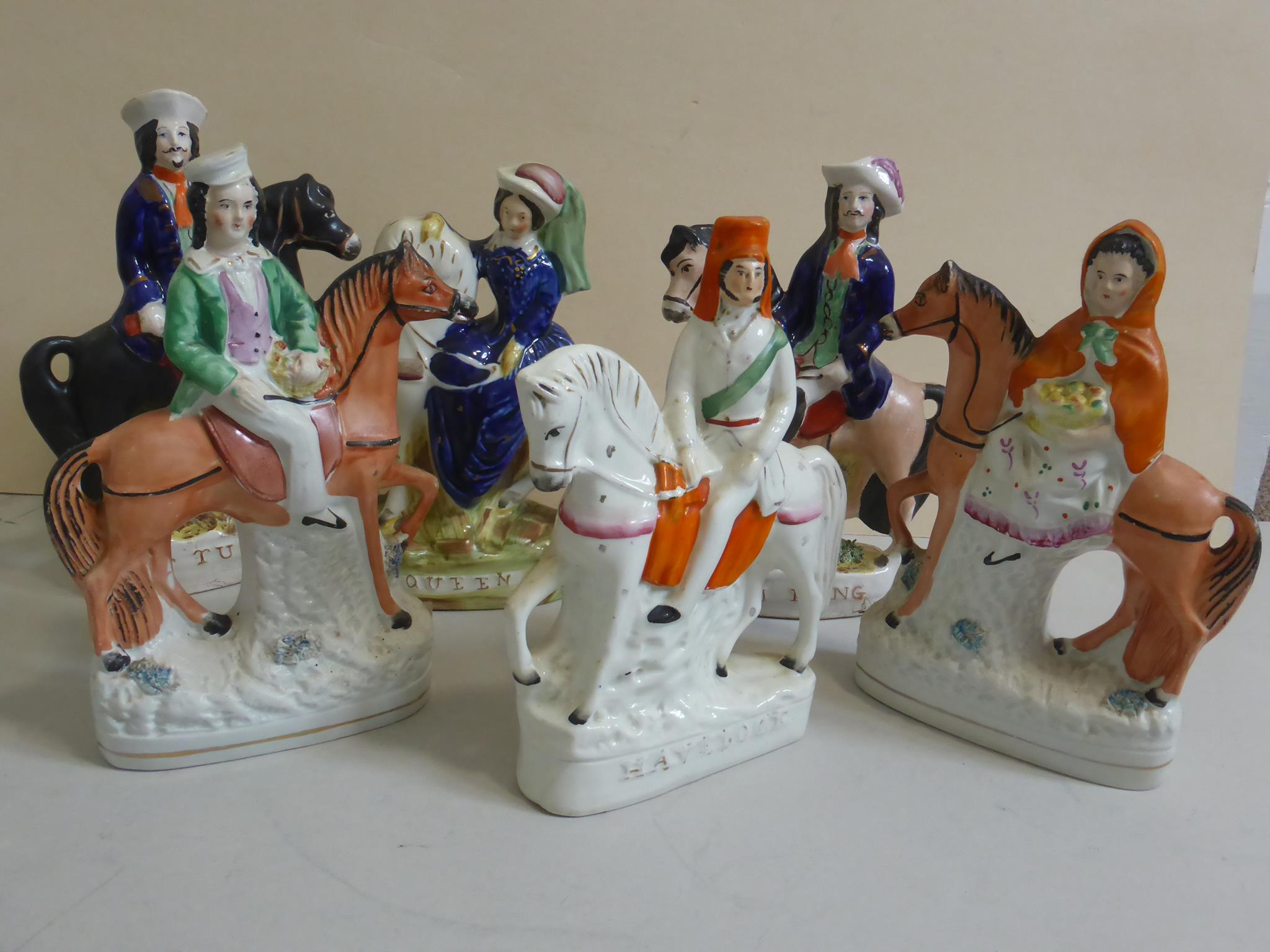 COLLECTION OF 19TH CENTURY STAFFORDSHIRE MOUNTED FIGURES INC. TOM KING, QUEEN, D.TURPIN, HAVELOCK