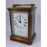 19TH CENTURY 4 GLASS GILT BRASS FRENCH CARRIAGE CLOCK, ENAMELLED DIAL SIGNED WAITE & SON,