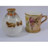 ROYAL WORCESTER MINIATURE BLUSH IVORY TANKARD AND A ROYAL DOULTON MINIATURE VASE PAINED WITH