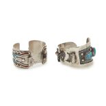 Two silver, turquoise, and coral watch cuffs