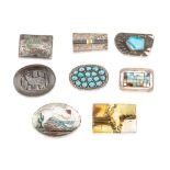 Seven Native American silver and mixed-metal belt buckles