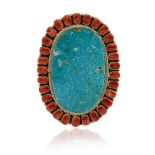 A Navajo turquoise and coral cuff