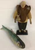 Painted Chinese peasant doll & an articulated fish