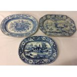 3 19th century blue & white transfer printed meat dishes,