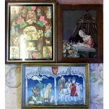 2 framed needlepoints of a biblical scene & a woman writing at a table and an Edwardian framed